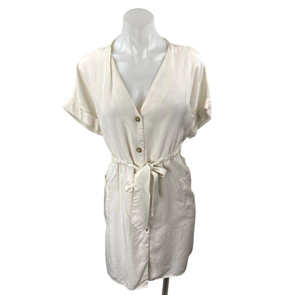 Zara White Short Sleeve V-Neck Button Down Belted Tie Waist Mini Shirt Dress XS